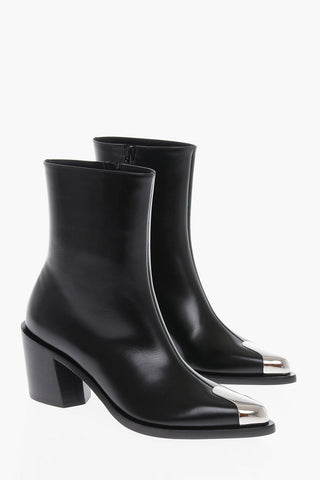 Pointed Leather Booties With Metal Detail Heel 7 cm