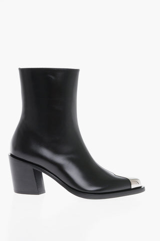 Pointed Leather Booties With Metal Detail Heel 7 cm