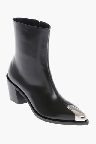 Pointed Leather Booties With Metal Detail Heel 7 cm