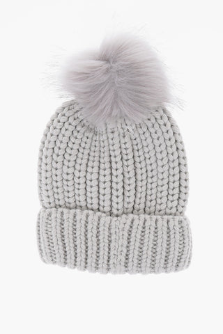 Solid Color Beanie with Faux Fur Pom Pom
