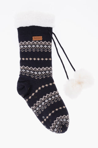 Fairisle Motif Non-Slip Long Socks with Fleece Inner and Faux Fur Pom Poms
