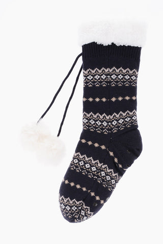 Fairisle Motif Non-Slip Long Socks with Fleece Inner and Faux Fur Pom Poms