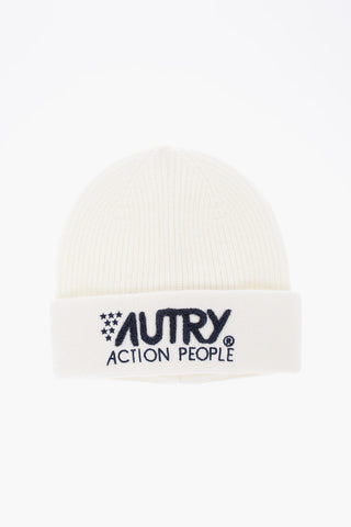 Beanie in Misto Lana a Tinta Unita con Logo a Contrasto