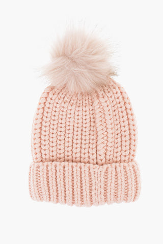 Solid Color Beanie with Faux Fur Pom Poms