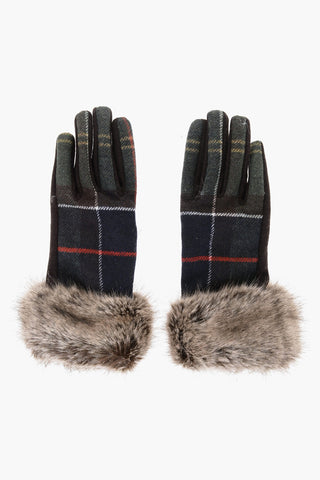 Tartan Motif Wool Blend RIDLEY Gloves with Faux-Fur Detail