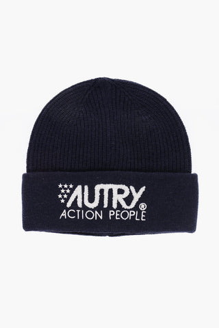 Beanie in Misto Lana a Tinta Unita con Logo a Contrasto