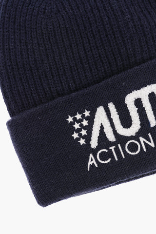 Beanie in Misto Lana a Tinta Unita con Logo a Contrasto