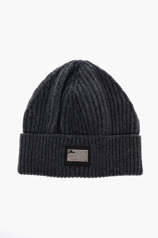 Solid Color Ribbed Beanie with Metal Logo