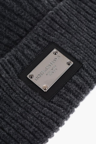 Solid Color Ribbed Beanie with Metal Logo