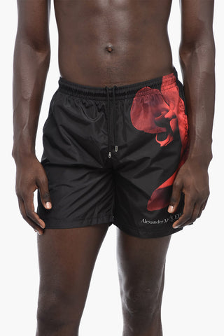 Two-Tone Swim Shorts with Orchid Print
