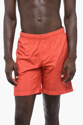 Solid Color Swim Shorts with Silver-Tone Logo