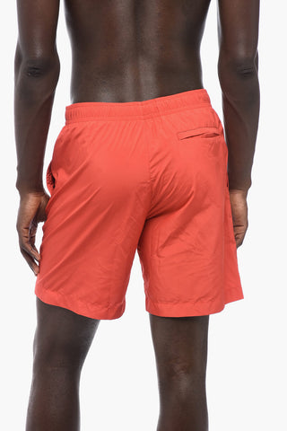 Solid Color Swim Shorts with Silver-Tone Logo