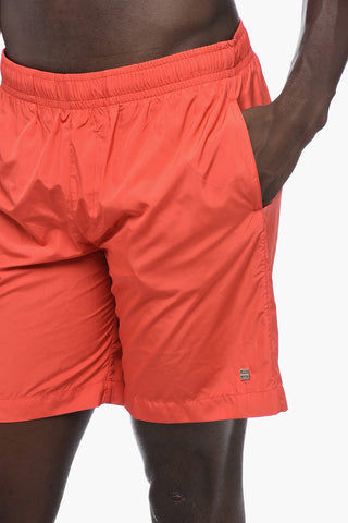 Solid Color Swim Shorts with Silver-Tone Logo