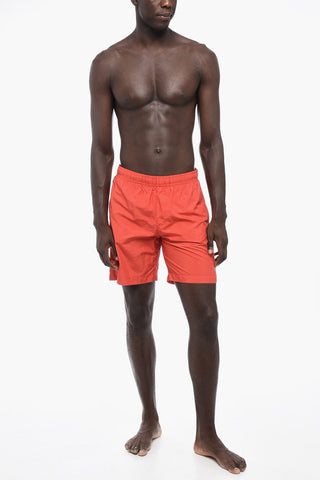 Solid Color Swim Shorts with Silver-Tone Logo