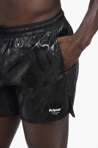 Solid Color Swim Shorts with Graffiti Print