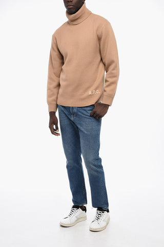 Virgin Wool Turtleneck Sweater with Rib Edges