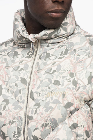 Floral-Motif Down Jacket with Zip Closure