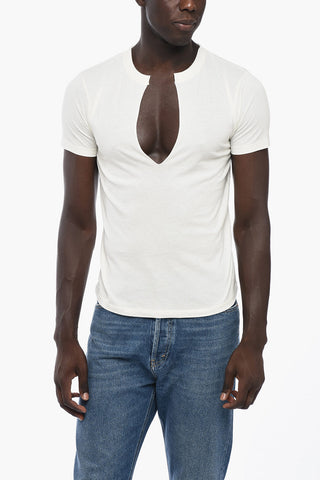 Cotton T-Shirt with Raw-cut V Neck