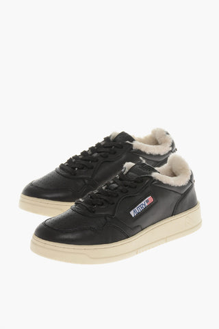Solid Color Leather Low-Top Sneakers with Fur Inner