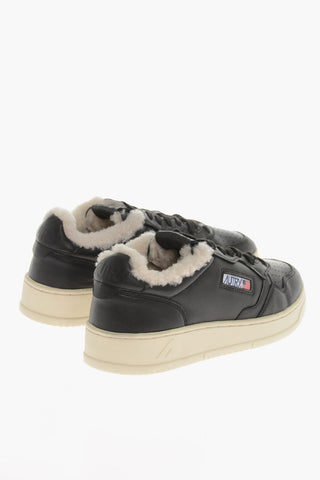 Solid Color Leather Low-Top Sneakers with Fur Inner