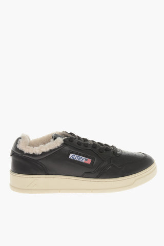 Solid Color Leather Low-Top Sneakers with Fur Inner