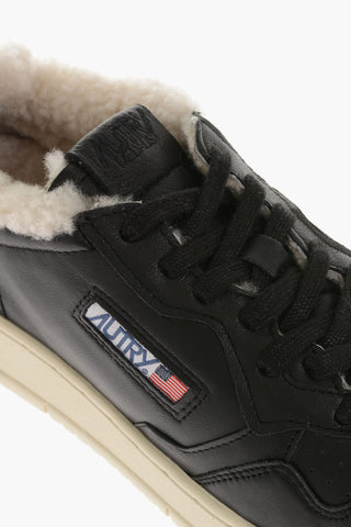 Solid Color Leather Low-Top Sneakers with Fur Inner