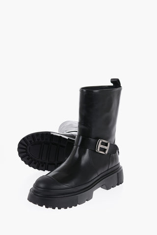 Stivaletti Biker in Pelle con Cinturino e Suola Track