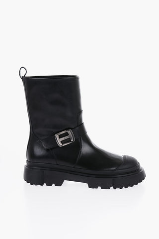 Stivaletti Biker in Pelle con Cinturino e Suola Track