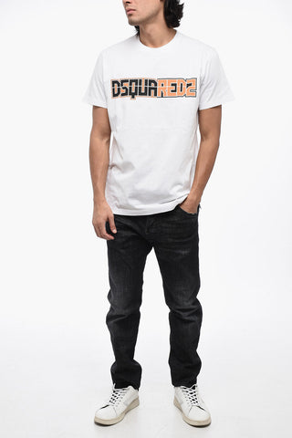 Solid Color CIGARETTE FIT Crew-neck T-Shirt with Printed Logo