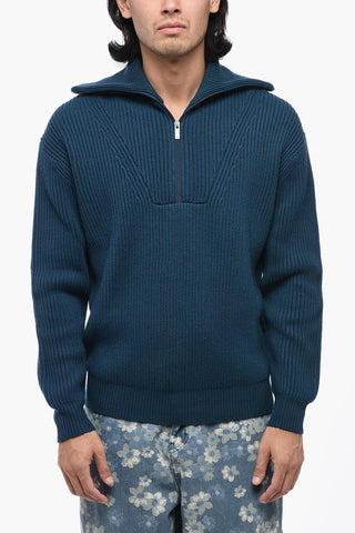 Ribbed Merino Wool Sweater with Half Zip