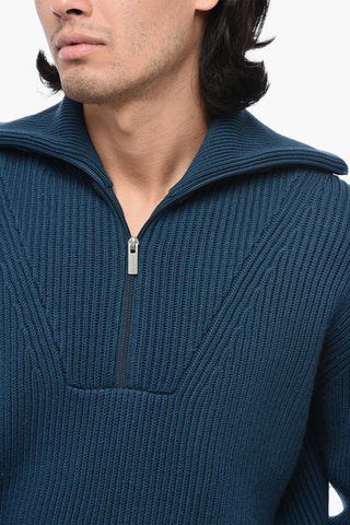 Ribbed Merino Wool Sweater with Half Zip
