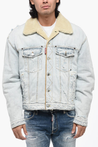 Distressed Denim Jacket with Faux Fur