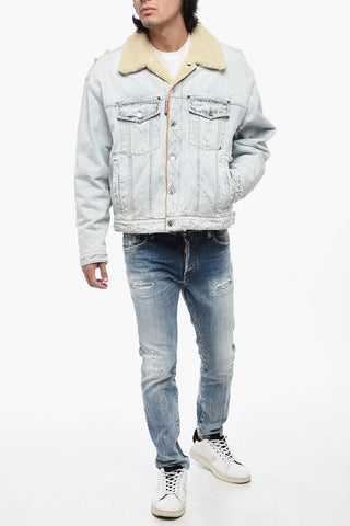 Distressed Denim Jacket with Faux Fur