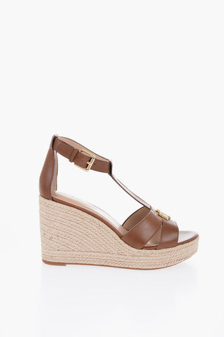Leather HALE T-Strap Sandals with Rffia Wedge 10,5cm
