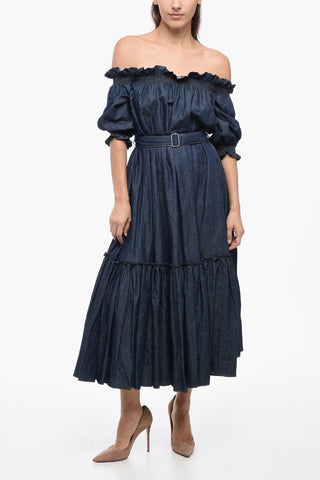 Vestito In Misto Lino Con Cintura E Balze