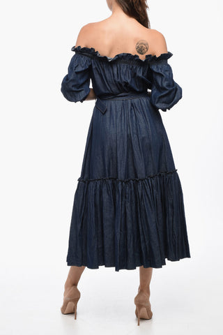 Vestito In Misto Lino Con Cintura E Balze