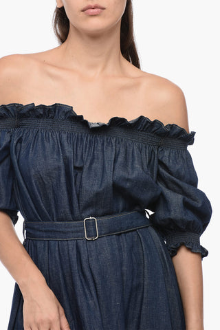 Vestito In Misto Lino Con Cintura E Balze