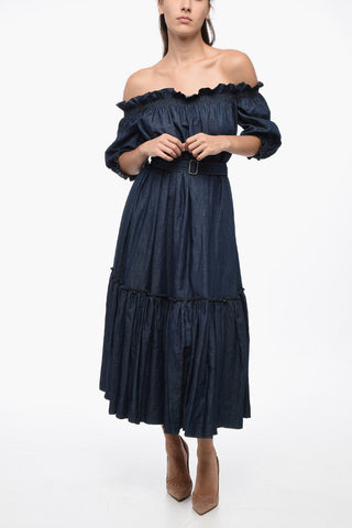 Vestito In Misto Lino Con Cintura E Balze