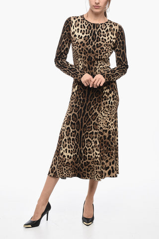 Abito Midi in Tessuto Animalier con Fondo Svasato