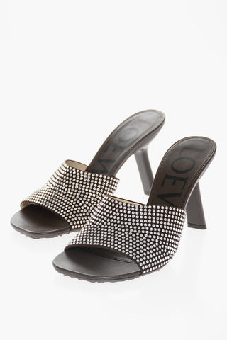 Leather Sandals With Allover Rhinestones Heel 9 cm