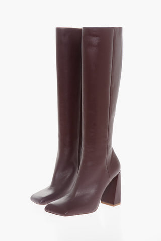 Squared-Toe Leather Boots Heel 10 cm