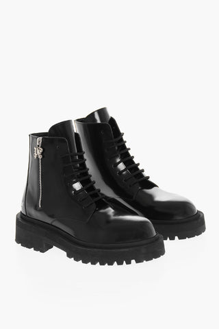Brushed Leather Combat Boots With Logo Print