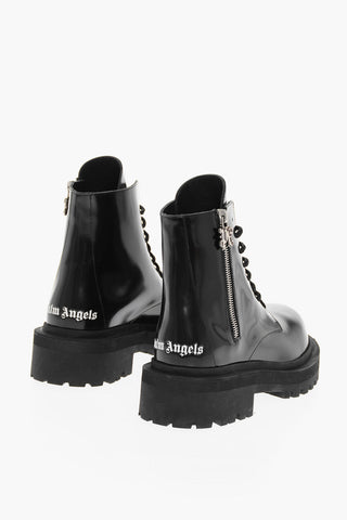 Brushed Leather Combat Boots With Logo Print