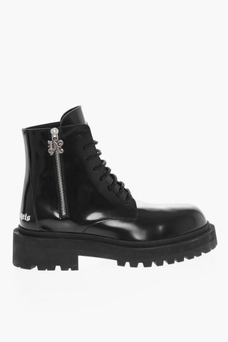 Brushed Leather Combat Boots With Logo Print
