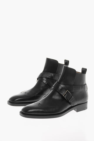 Leather Ankle Boots with Crocodile-leather Straps