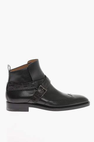 Leather Ankle Boots with Crocodile-leather Straps