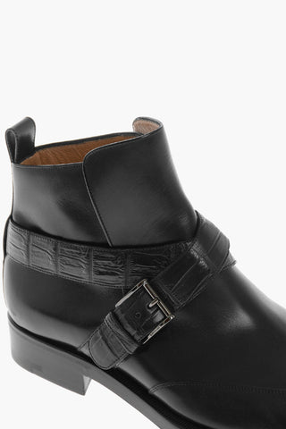 Leather Ankle Boots with Crocodile-leather Straps