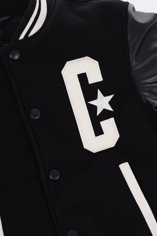 Varsityjacke mit Ärmeln aus veganem Leder und Logoknöpfen