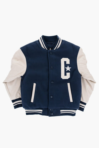 Varsity Jacket With Vegan Leather Sleeves And Logo Buttons