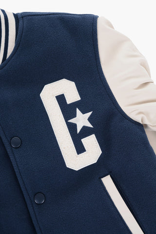 Varsity Jacket With Vegan Leather Sleeves And Logo Buttons